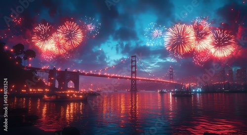 Golden gate bridge celebration with fireworks over san francisco bay at night