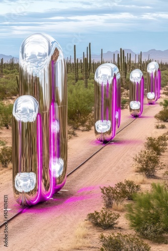 Chrome Sculptures with Purple Lights in a Desert Landscape