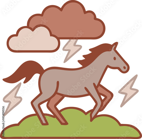 "Dynamic horse silhouettes running through diverse landscapes including desert, jungle, grassland, and mountains under dramatic skies, vector illustration"