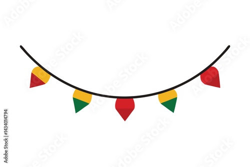 Colorful celebratory bunting with red, green, and yellow flags hanging on string