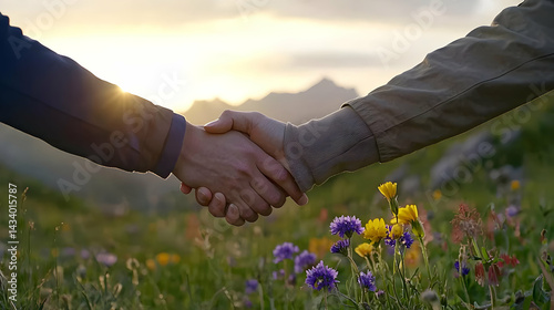Handshake In A Wildflower Meadow At Sunset