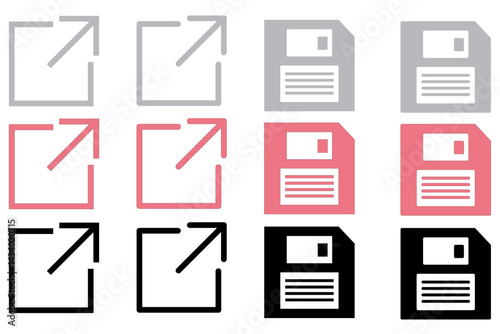 Grid of External Link and Save Icons in Gray, Pink, and Black Variants