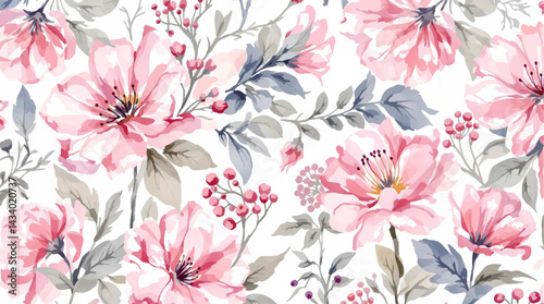 Seamless pattern with pink flower watercolor

