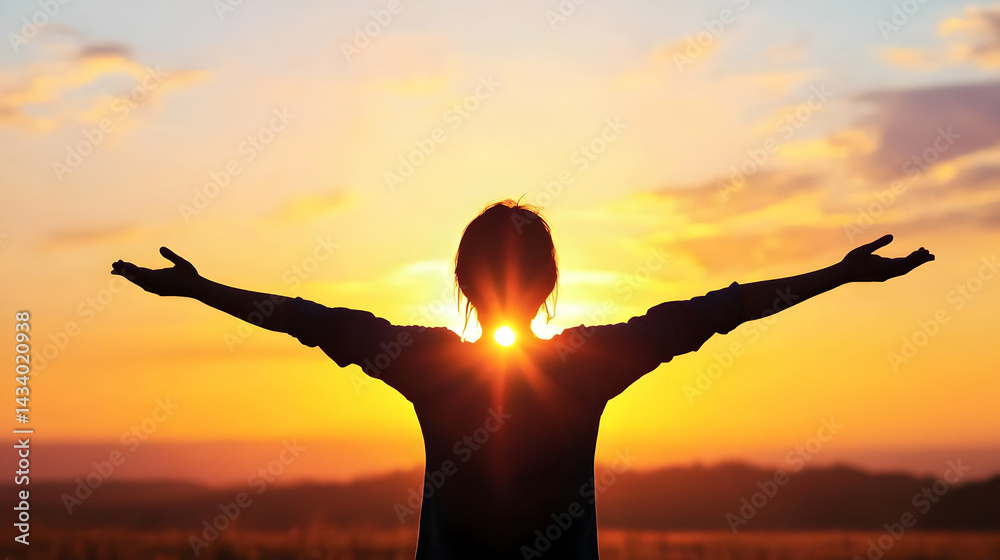Fototapeta premium Silhouette Of Person With Open Arms At Sunset
