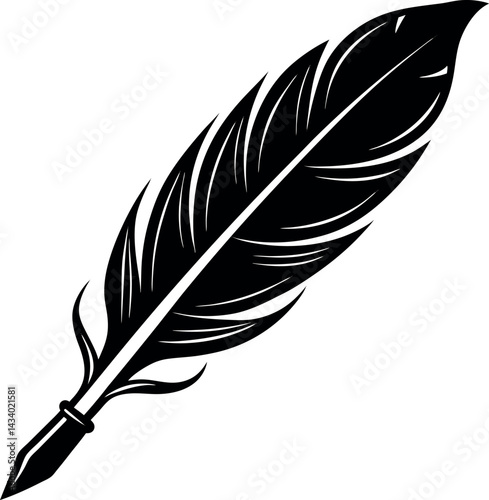 Quill Feather Pen Silhouette in Black | Vintage Writing Tool Vector
