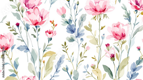 Seamless watercolor flowers pattern. Hand painted flowers of different colors. Flowers for design.	