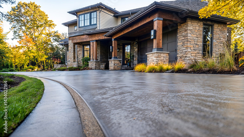 Modern home exterior with recently finished concrete driveway surrounded by vibrant landscaping
