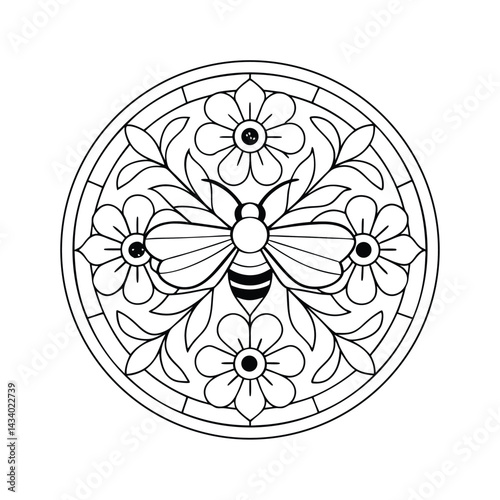 Circular stained glass bee and flowers design ornamental round frame with insect and floral elements
