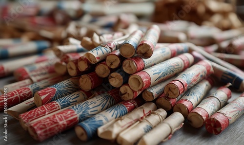 Old fashioned unlit fireworks arranged in a colorful pattern fill the entire frame
