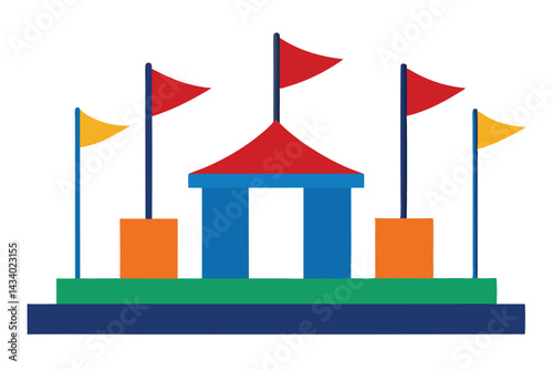 Colorful geometric rendition of a circus tent with vibrant flags flying
