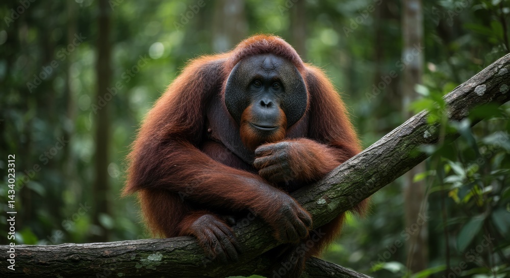 Obraz premium Captivating orangutan portrait, peacefully resting on branch within verdant jungle