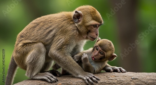 Tender moment, Monkey parent attentively grooms its adorable baby