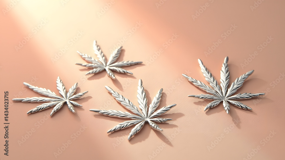 Fototapeta premium Sterling silver leaves on peach-and-linen. Mirror-finish reflections play against warm textured neutrals for refined contrast.