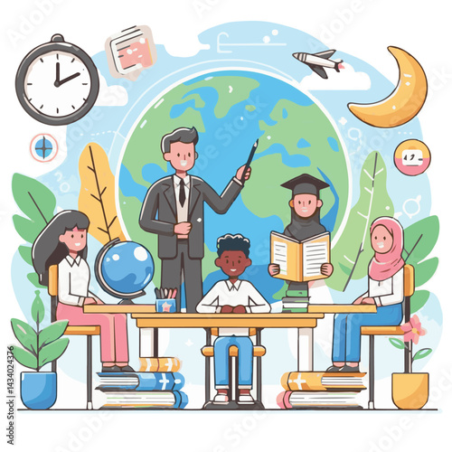 education, school, teacher, background, world, knowledge, celebration, vector, happy, design, student, illustration, text, day, international, card, banner, learn, book, poster, creative, college, gre
