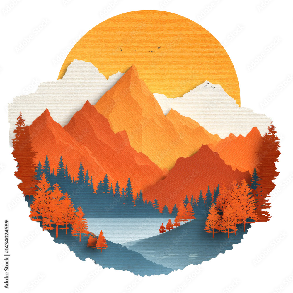 Majestic mountains and sun over calm lake surrounded by autumn foliage at sunset