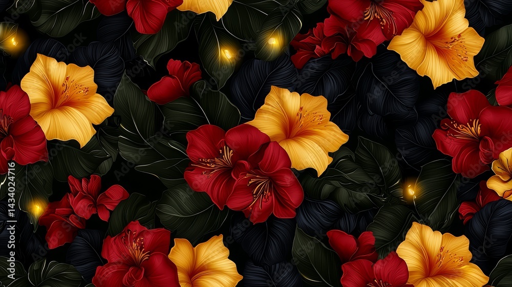 Black and yellow flower pattern with red flowers. The flowers are surrounded by green leaves. The flowers are in a dark background Black and yellow flower pattern with red flowers. The flowers are surrounded by green leaves. The flowers are in a dark background