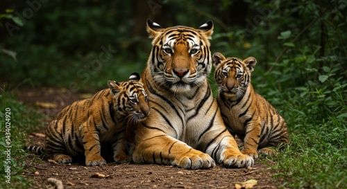 A watchful tiger mother with her adorable cubs in their natural habitat