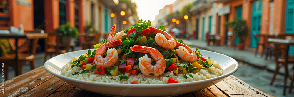 Arroz con camarones with rice, herbs, vegetables, shrimp on a table in a plate in a street cafe, traditional food of Cuba