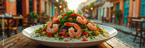 Obraz na płótnie Arroz con camarones with rice, herbs, vegetables, shrimp on a table in a plate in a street cafe, traditional food of Cuba w salonie