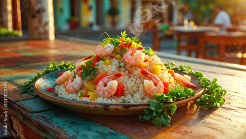 Arroz con camarones with rice, herbs, vegetables, shrimp on a table in a plate in a street cafe, traditional food of Cuba