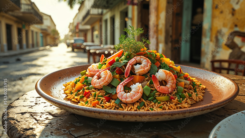 Arroz con camarones with rice, herbs, vegetables, shrimp on a table in a plate in a street cafe, traditional food of Cuba