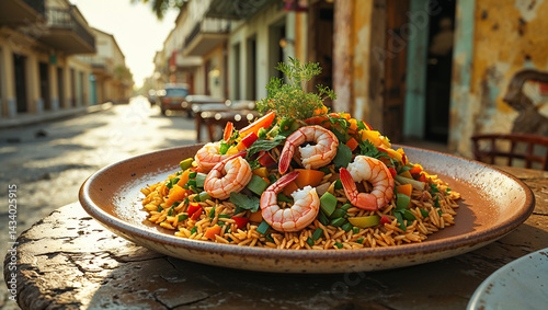Obraz na płótnie Arroz con camarones with rice, herbs, vegetables, shrimp on a table in a plate in a street cafe, traditional food of Cuba w salonie
