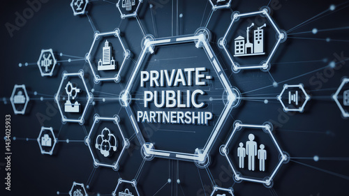 Private-Public Partnership Network: Interconnected digital diagram representing the symbiotic relationship of private and public sectors, symbolizing collaboration, industry, and growth.