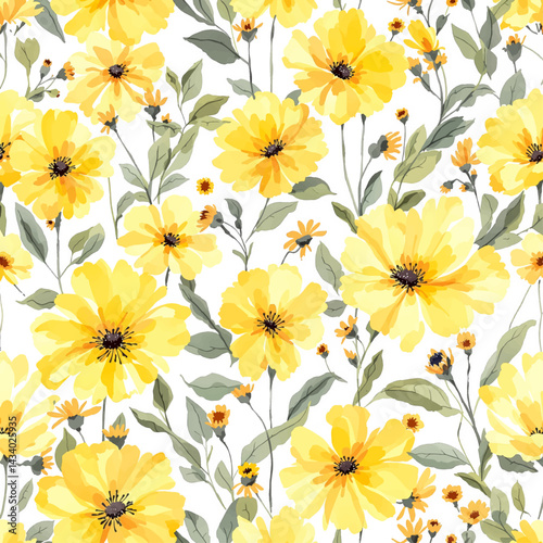 Seamless pattern with yellow flower watercolor
