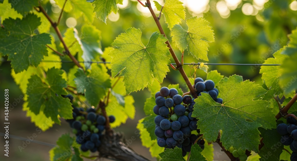 Vineyard canopy with ripe grapes and vibrant green foliage closeup