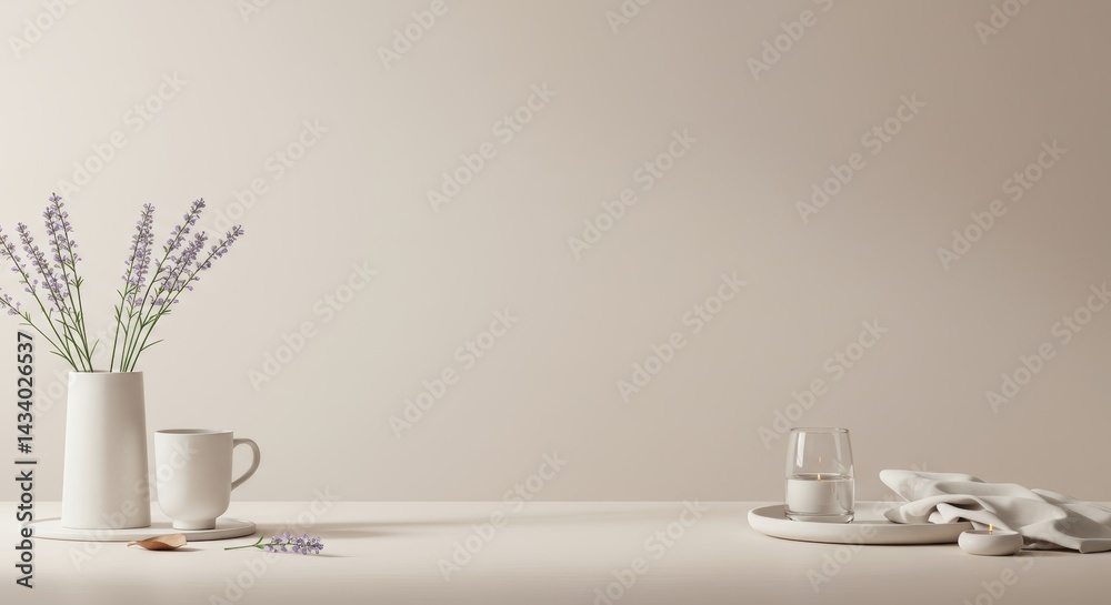 Fototapeta premium Tranquil minimalist still life featuring lavender flowers and clean decor