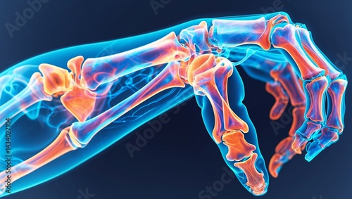 Intricate x-ray of a colorful human arm and hand