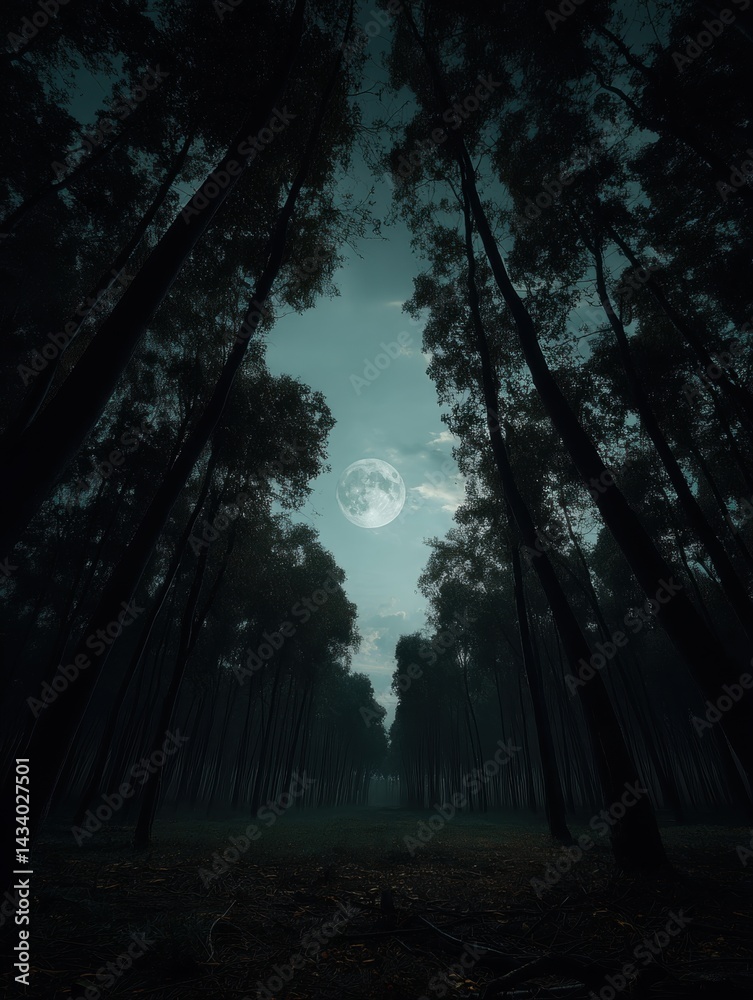 Fototapeta premium Ethereal moonlight illuminates a dense forest canopy creating a serene and mystical atmosphere with tall trees reaching toward the sky in a dark and moody scene