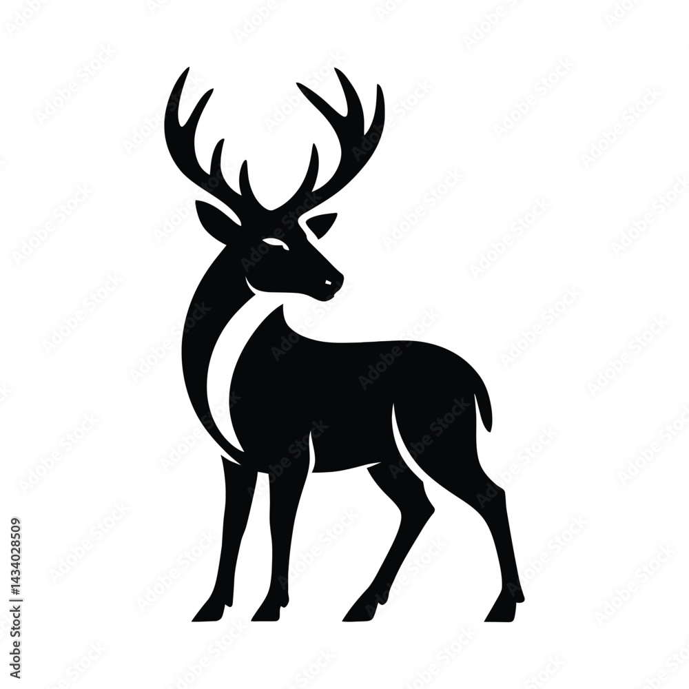 Obraz premium Elegant Black Deer Silhouette with Majestic Antlers, Silhouette of a Deer with Large Antlers, Wildlife Vector