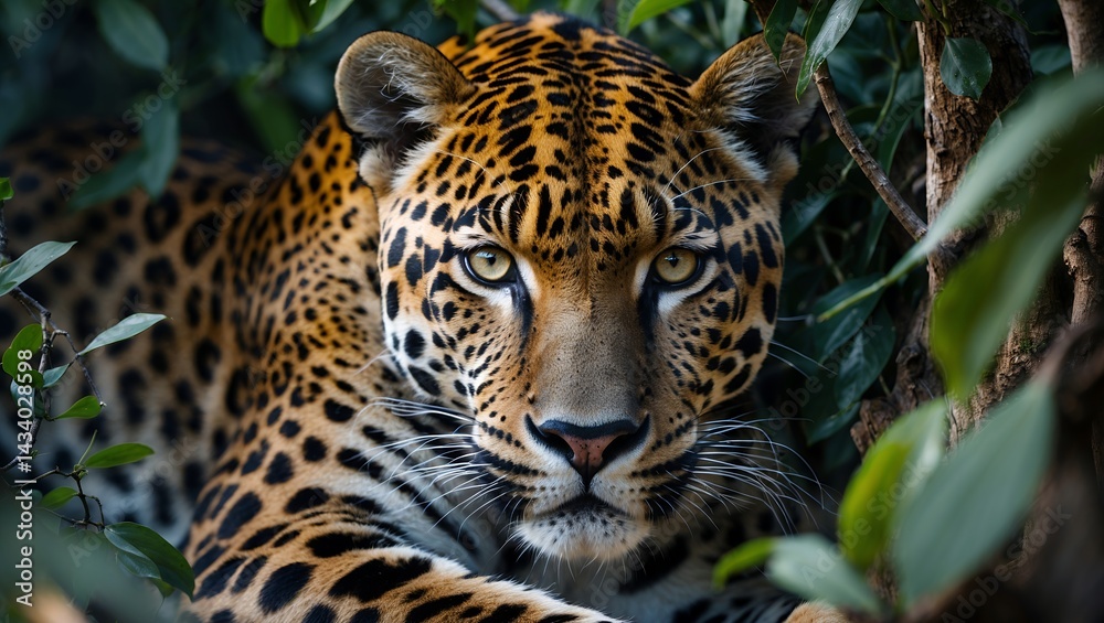 Obraz premium Jaguar's intense gaze amidst lush foliage