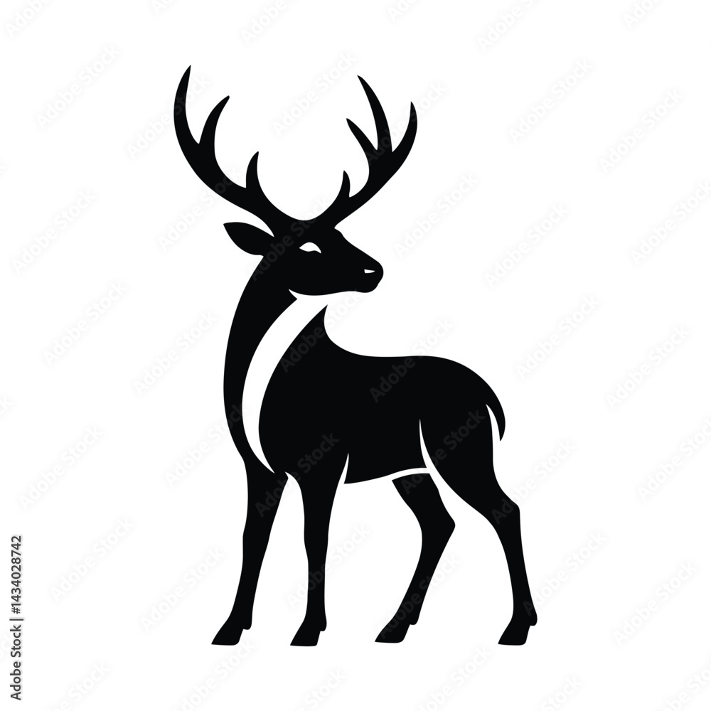 Obraz premium Stylish Deer with Antlers Silhouette for Hunting Themes, Minimal Black Deer Vector with Elegant Antlers