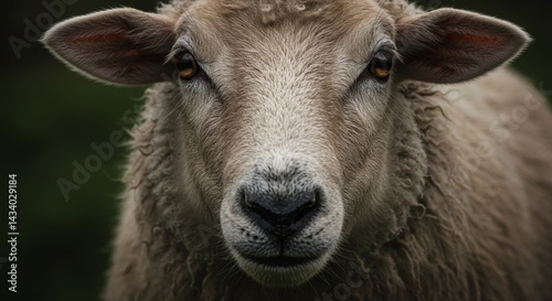 Intimate portrait of a sheep's face highlighting its textured fleece