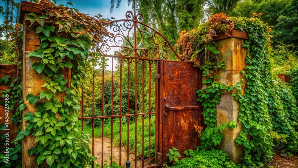 Rusty Gate, Overgrown Vines, Garden Decay