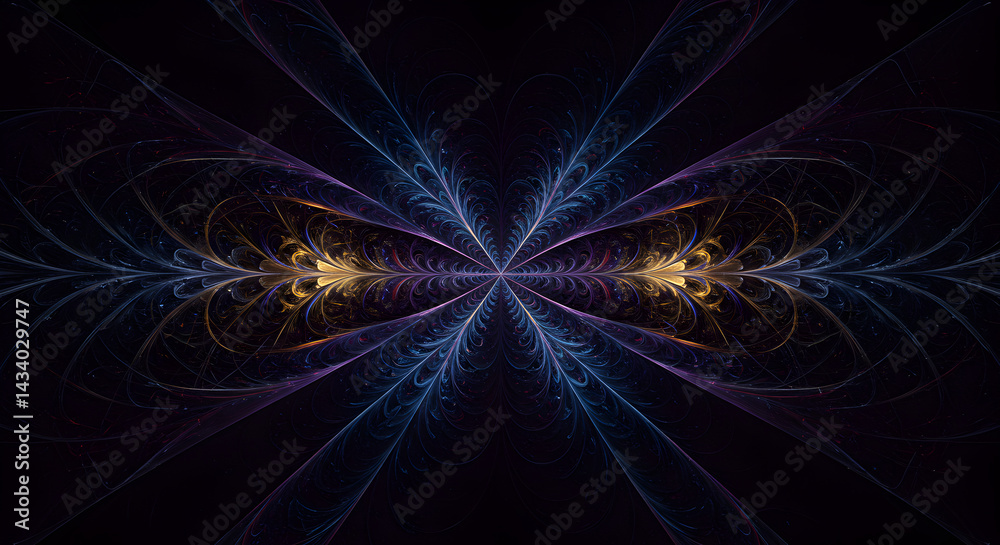 Obraz premium Symmetrical Fractal Design With Feathered Lines and Golden Accents Illustration