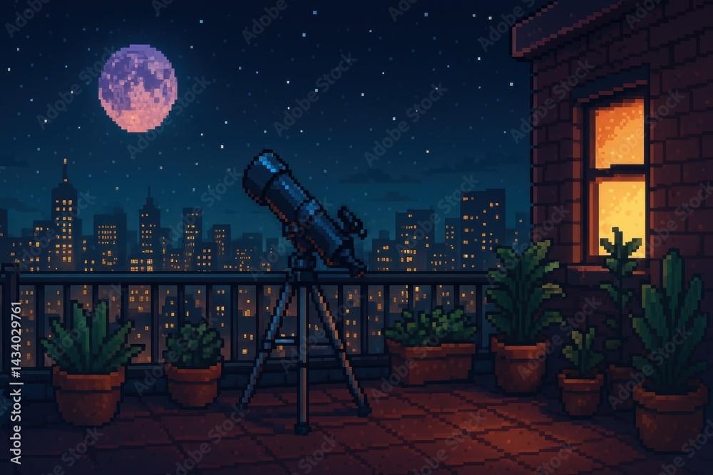 City Skyline at Night with Telescope: Urban Stargazing Adventure