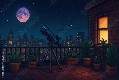 Obraz na płótnie City Skyline at Night with Telescope: Urban Stargazing Adventure w salonie