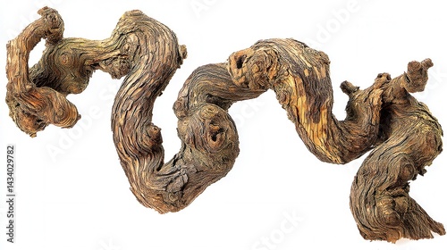 Twisted grapevine trunk on white background showcasing intricate wood grain and organic texture a captivating botanical study with natural elegance and rustic charm