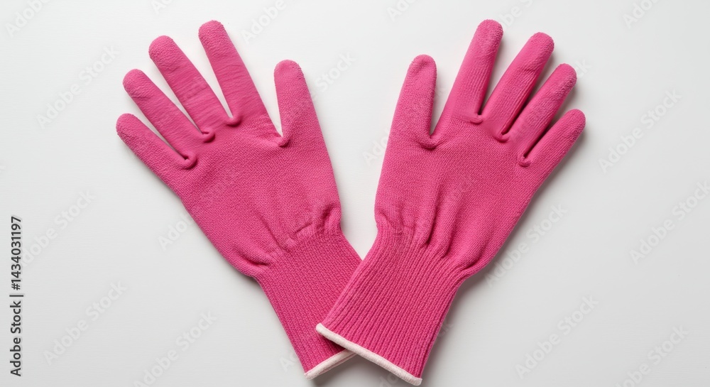 Obraz premium Pair of vibrant pink textile gloves arranged symmetrically on white background