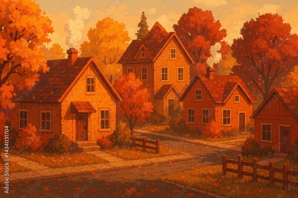 Cozy Autumn Neighborhood Scene with Rustic Houses for Seasonal Design and Decor