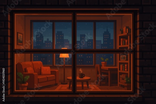 Obraz na płótnie Cozy Evening in Urban Apartment with Cityscape View for Home Decor Design and Inspiration w salonie