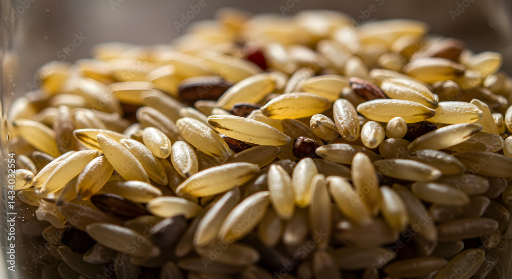 Obraz premium Pile Of Uncooked Brown Rice Grain In A Transparent Container