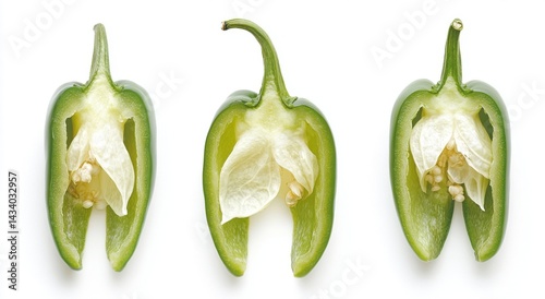 Three halved green peppers, revealing the white seeds and pith inside, displayed on a white background