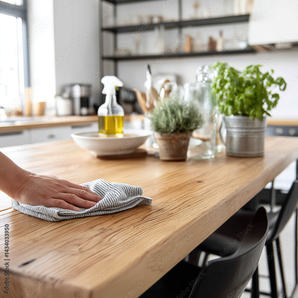 cleaning a wooden kitchen table