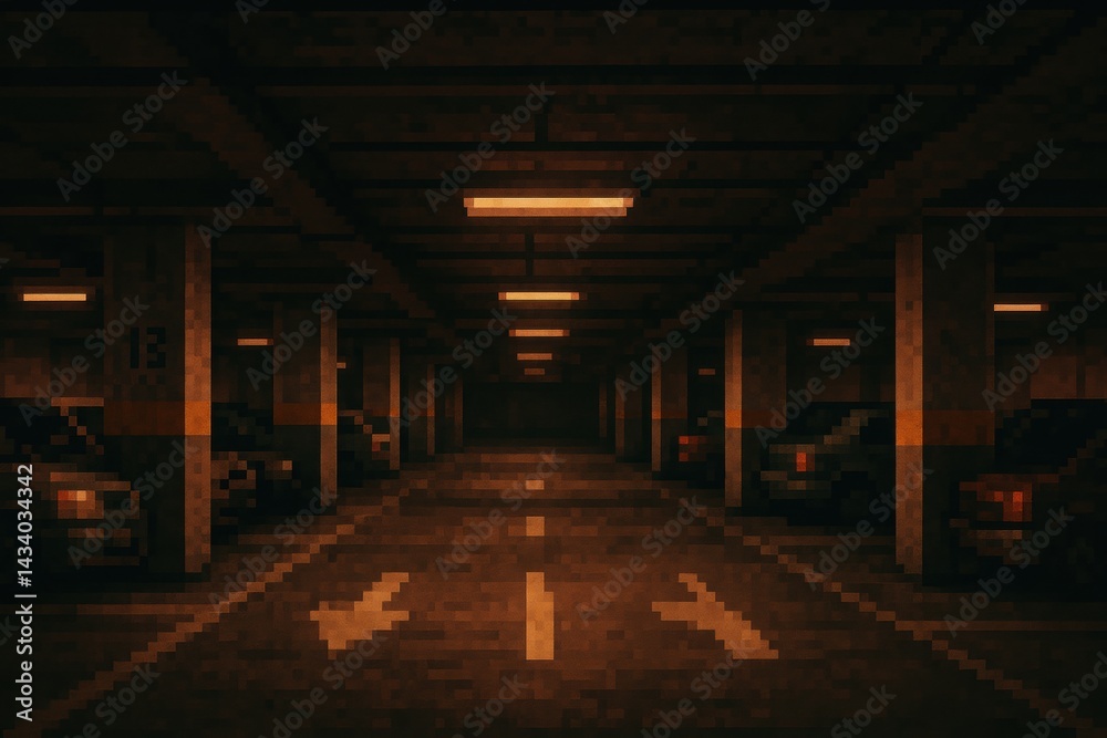 Dimly Lit Underground Parking Garage with Vehicles and Directional Markings