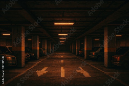 Obraz na płótnie Dimly Lit Underground Parking Garage with Vehicles and Directional Markings w salonie