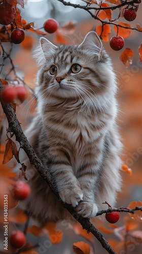 Fluffy cat perched on autumn branch, red berries, blurry background, pet portrait